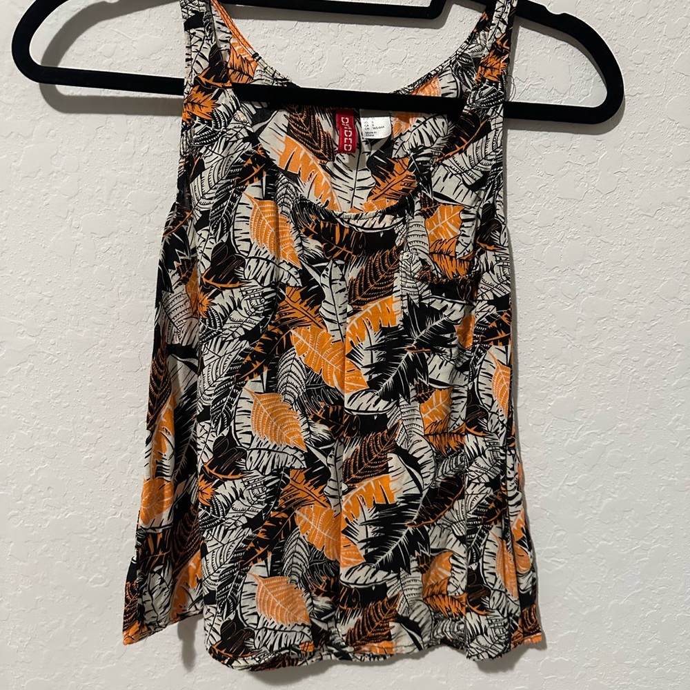 Divided Orange and Black Leaf Print Tank Top